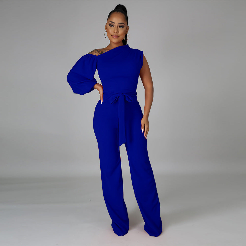 Mode Jumpsuit Ensfarvet Enkelt Skulder Top Brede Ben Bukser