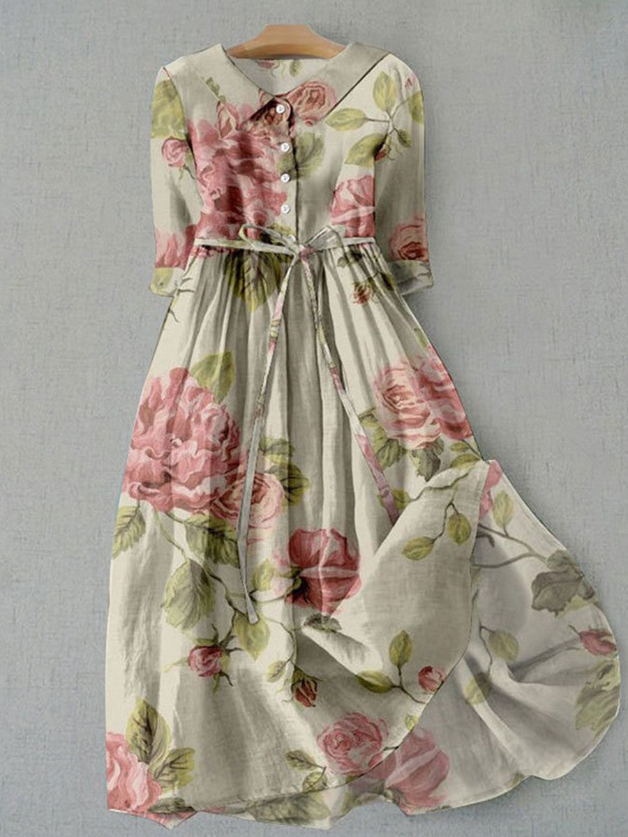 Dame Midikjole – Vintage Blomstermønster – Afslappet Pasform – Bælte – 3/4 Ærmer