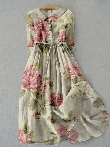 Dame Midikjole – Vintage Blomstermønster – Afslappet Pasform – Bælte – 3/4 Ærmer